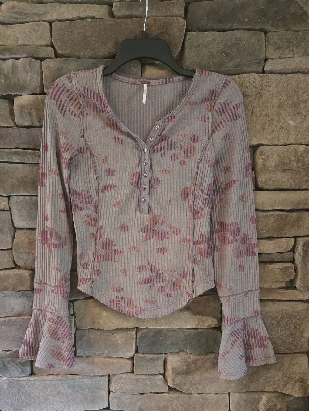 Free People Gray Floral Henley Long-Sleeve Top